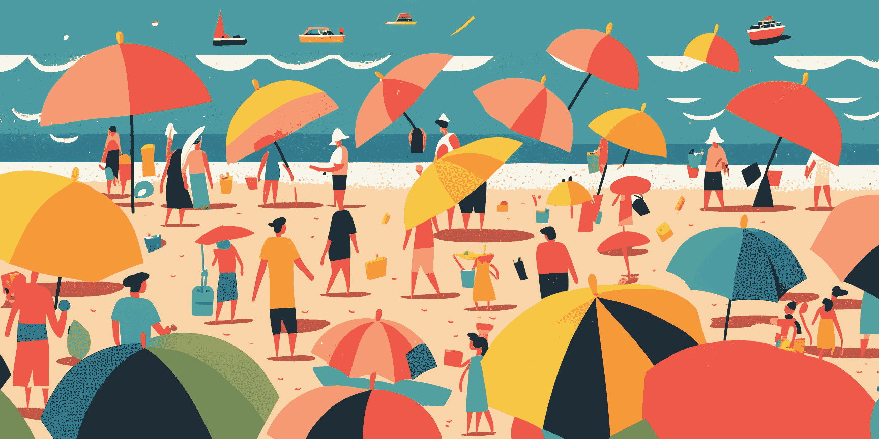 Crowded beach during a heatwave. Increase in frequency of heatwaves due to climate change, their impact on human health and ecosystems, and what we can do to mitigate their effects.