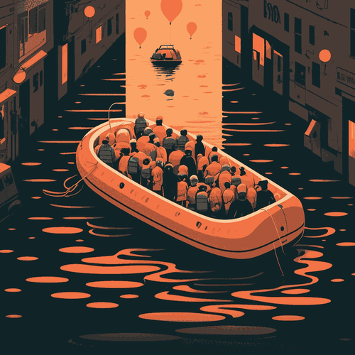 An_orange_inflatable_overcrowd_boat_is_floating_down_a_17256274-7dcc-4e68-8a4e-4b51331c1bb3